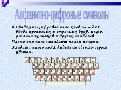 Алфавитно-цифровое поле клавиш – для ввода прописных и строчных букв, цифр, р...