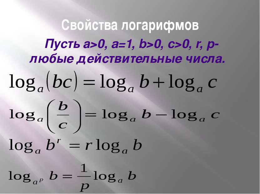 Свойства логарифмов Пусть а>0, a=1, b>0, c>0, r, p- любые действительные числа.