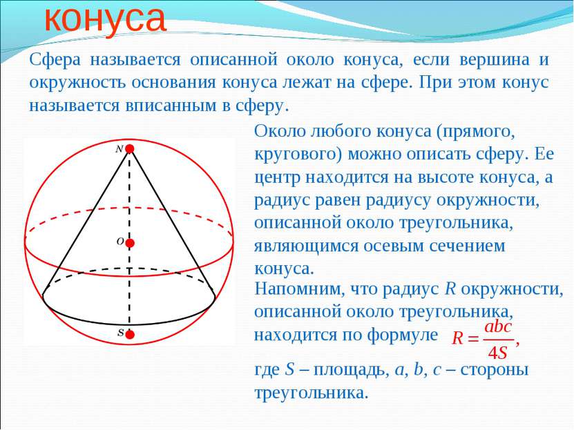 Сфера, описанная около конуса Сфера называется описанной около конуса, если в...