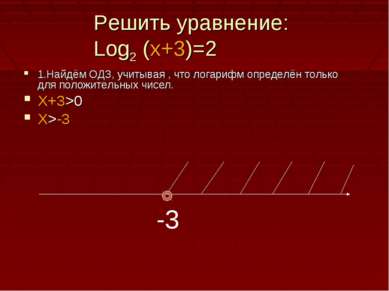 Решить уравнение: Log2 (x+3)=2 1.Найдём ОДЗ, учитывая , что логарифм определё...