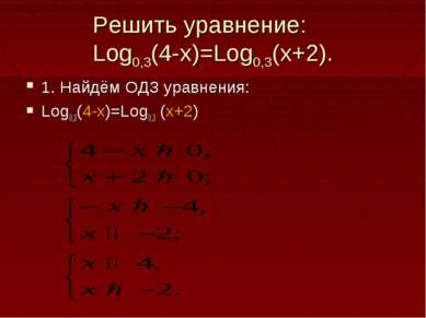 Решить уравнение: Log0,3(4-x)=Log0,3(x+2). 1. Найдём ОДЗ уравнения: Log0,3(4-...