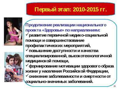 Первый этап: 2010-2015 гг. Продолжение реализации национального проекта «Здор...