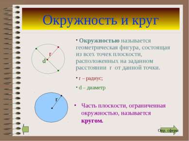 Окружность и круг Часть плоскости, ограниченная окружностью, называется круго...