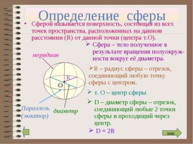 Определение сферы Сферой называется поверхность, состоящая из всех точек прос...