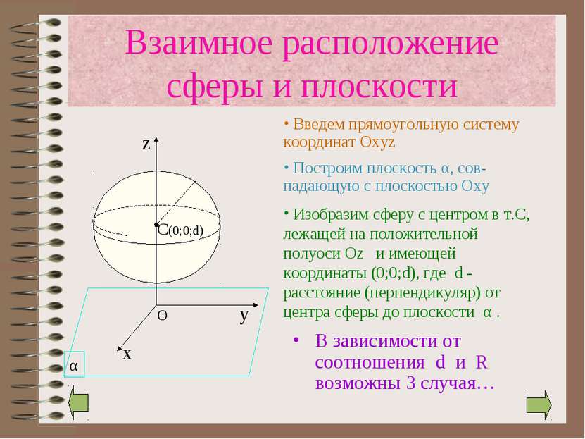 Взаимное расположение сферы и плоскости В зависимости от соотношения d и R во...