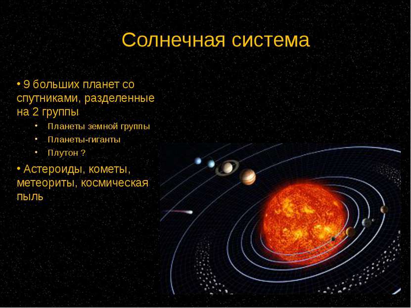 Солнечная система 9 больших планет со спутниками, разделенные на 2 группы Пла...
