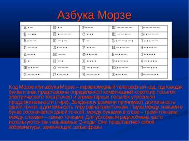 Азбука Морзе Код Морзе или азбука Морзе – неравномерный телеграфный код, где ...