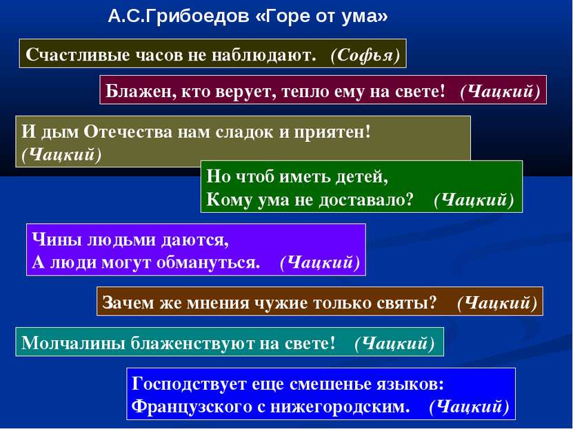 А.С.Грибоедов «Горе от ума» Счастливые часов не наблюдают. (Софья) Блажен, кт...