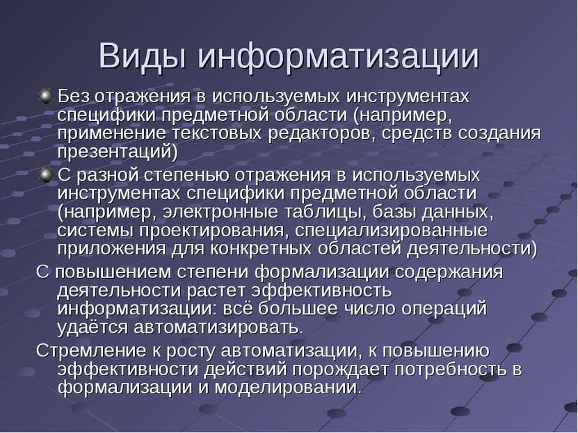 Виды информатизации Без отражения в используемых инструментах специфики предм...