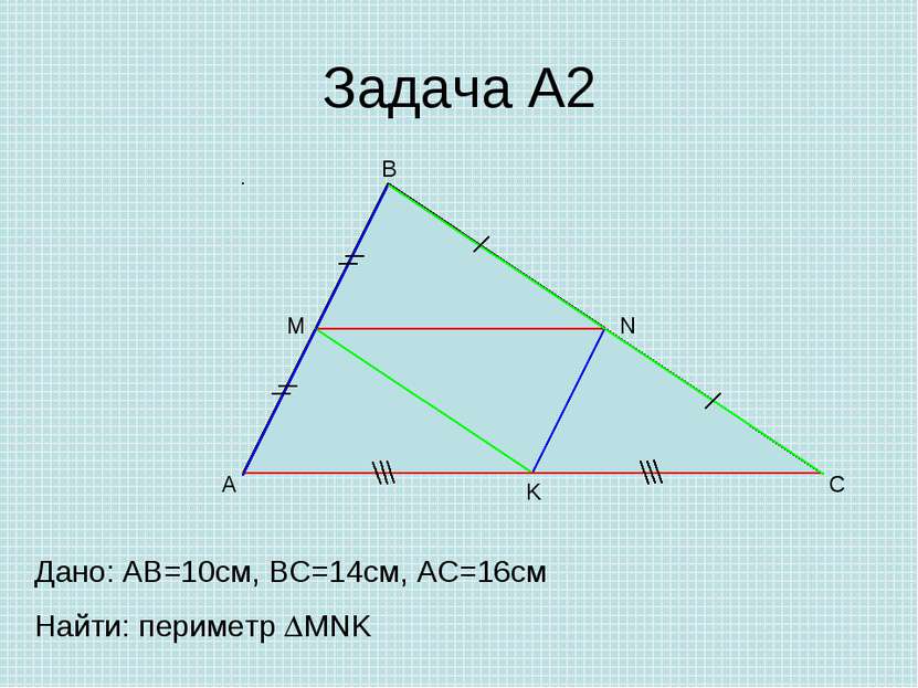 Задача А2 A B C M N K Дано: AB=10cм, ВС=14см, АС=16см Найти: периметр MNK