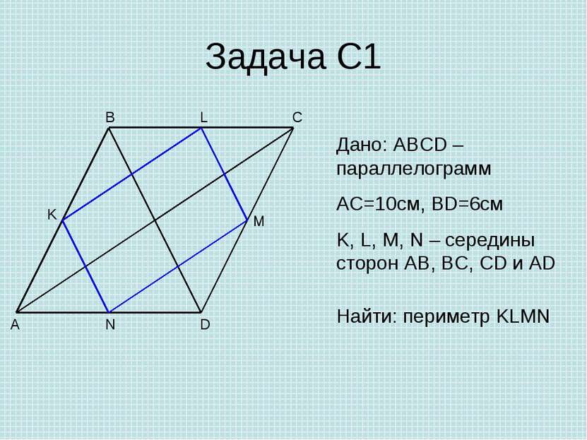 Задача С1 A B C D M N K Дано: ABCD – параллелограмм AC=10см, BD=6см K, L, M, ...