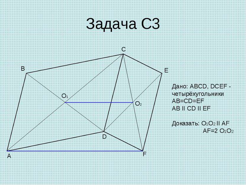 Задача С3 A B C D E F O1 O2 Дано: ABCD, DCEF - четырёхугольники AB=CD=EF AB I...