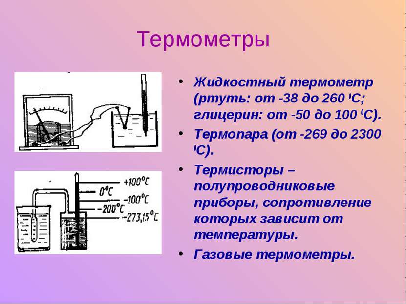 Термометры Жидкостный термометр (ртуть: от -38 до 260 0С; глицерин: от -50 до...