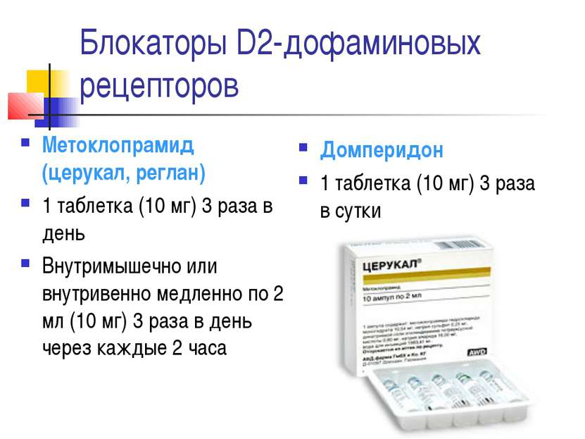 Блокаторы D2-дофаминовых рецепторов Метоклопрамид (церукал, реглан) 1 таблетк...