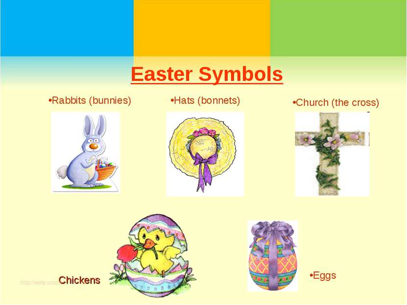 Easter Symbols Eggs Hats (bonnets) Church (the cross) Rabbits (bunnies) Chickens