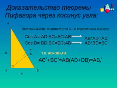 Доказательство теоремы Пифагора через косинус угла: D A C B c a b Построим вы...