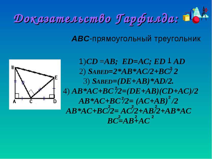 Доказательство Гарфилда: ABC-прямоугольный треугольник 1)CD =AВ; ED=АС; ЕD AD...