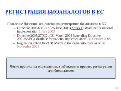Появление Директив, описывающих регистрацию биоаналогов в ЕС: Directive 2003/...