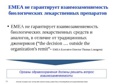 * EMEA не гарантирует взаимозаменяемость биологических лекарственных препарат...