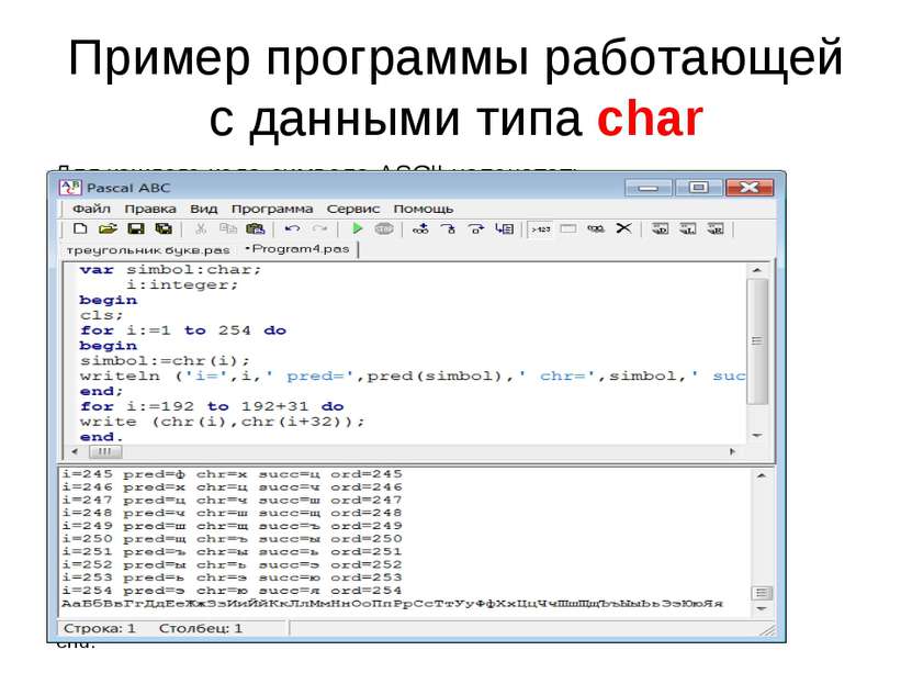 Пример программы работающей с данными типа char Для каждого кода символа ASCI...
