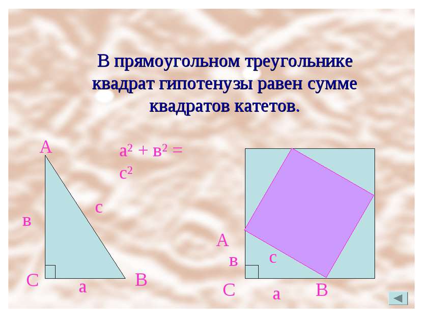 В прямоугольном треугольнике квадрат гипотенузы равен сумме квадратов катетов...
