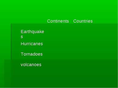 Сontinents Countries Earthquakes Hurricanes Tornadoes volcanoes