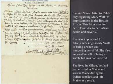 Samuel Sewall letter to Caleb Ray regarding Mary Watkins' imprisonment in the...