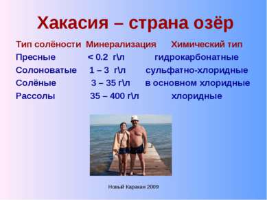 Новый Каракан 2009 Хакасия – страна озёр Тип солёности Минерализация Химическ...