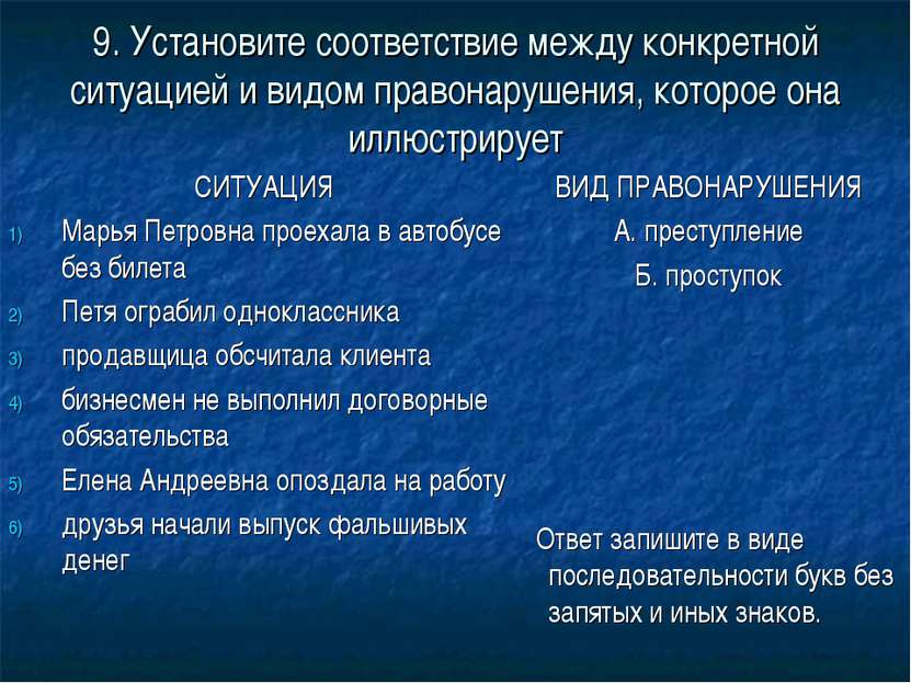 9. Установите соответствие между конкретной ситуацией и видом правонарушения,...