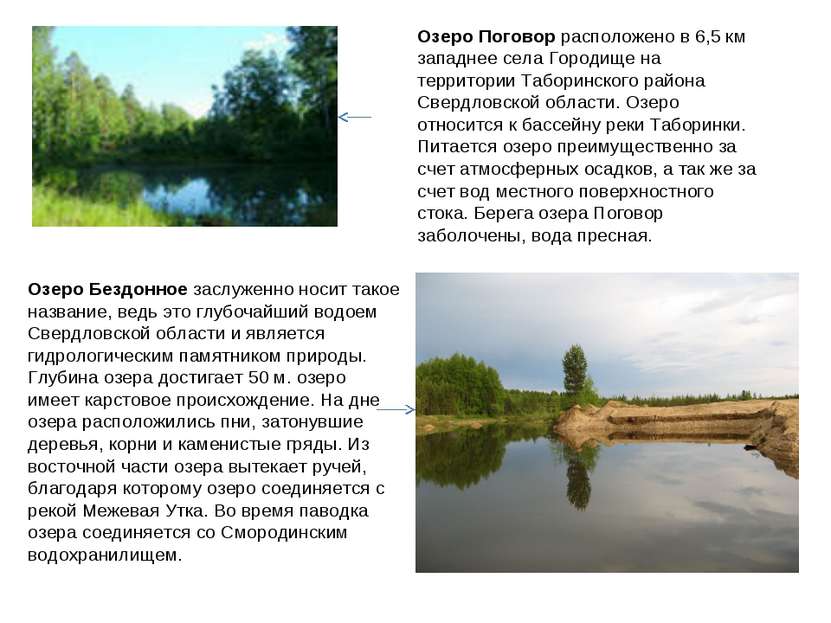 Озеро Поговор расположено в 6,5 км западнее села Городище на территории Табор...