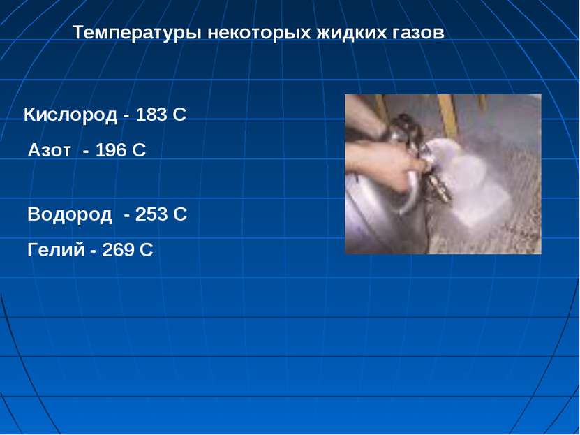 Кислород - 183 С Азот - 196 С Водород - 253 С Гелий - 269 С Температуры некот...
