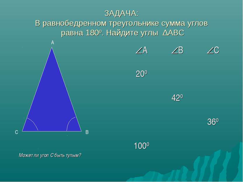ЗАДАЧА: В равнобедренном треугольнике сумма углов равна 1800. Найдите углы ∆А...