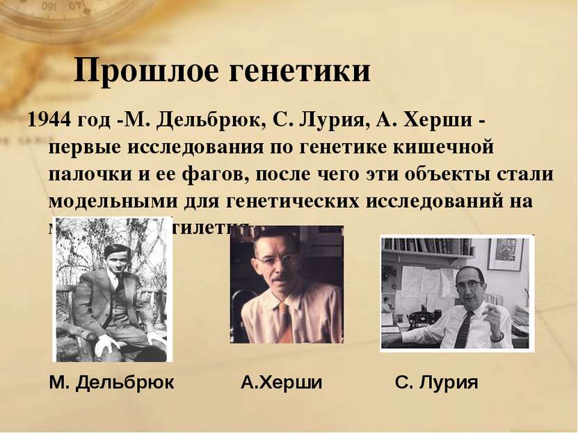 Прошлое генетики 1944 год -М. Дельбрюк, С. Лурия, А. Херши - первые исследова...