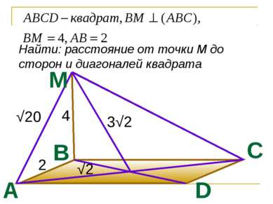 Найти: расстояние от точки М до сторон и диагоналей квадрата 4 2 √20 √2 3√2 A...