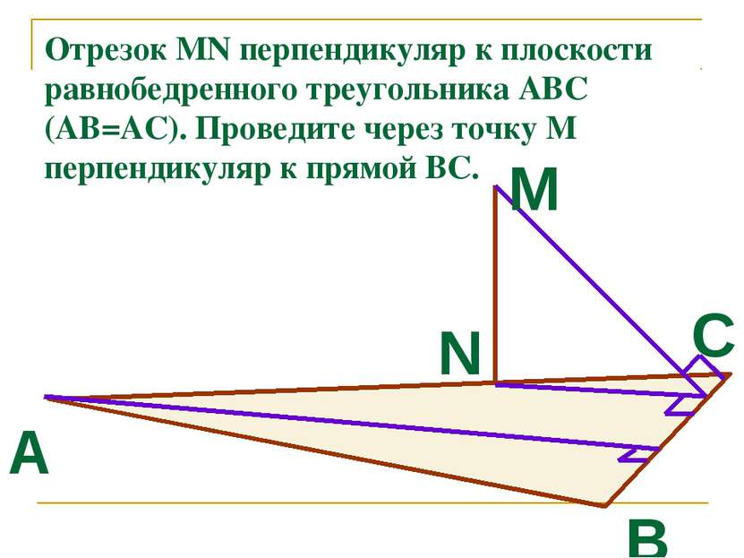 Отрезок MN перпендикуляр к плоскости равнобедренного треугольника АВС (АВ=АС)...