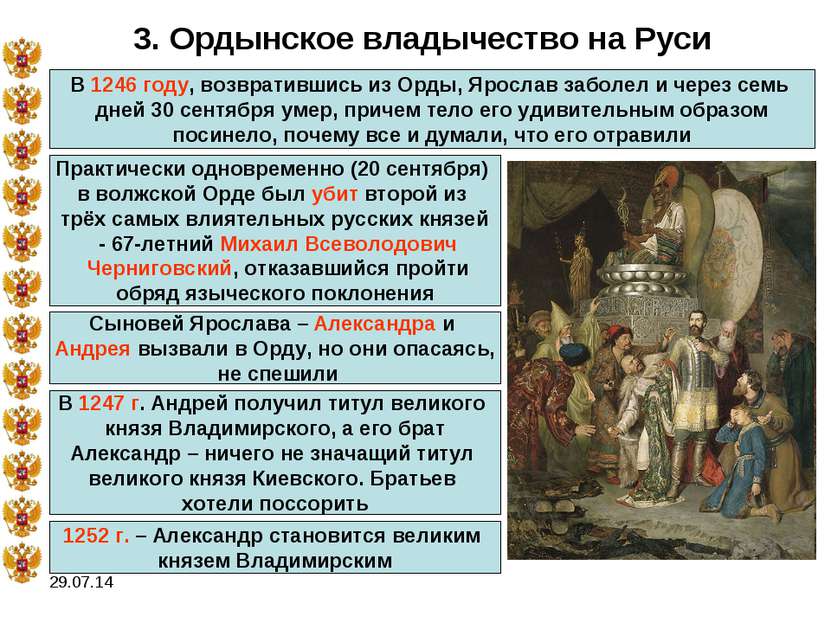 * 3. Ордынское владычество на Руси В 1246 году, возвратившись из Орды, Яросла...