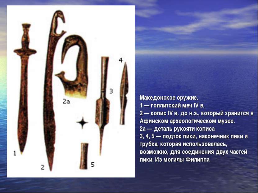 Македонское оружие. 1 — гоплитский меч IV в. 2 — копис IV в. до н.э., который...