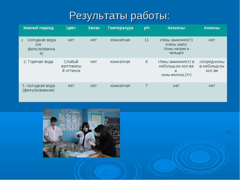 Результаты работы: Зимний период Цвет Запах Температура рН Катионы Анионы Хол...