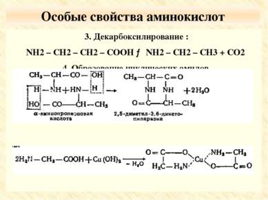 Особые свойства аминокислот 3. Декарбоксилирование : NH2 – CH2 – CH2 – COOH →...