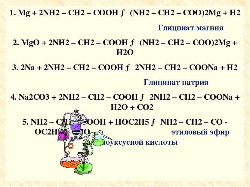 1. Mg + 2NH2 – CH2 – COOH → (NH2 – CH2 – COO)2Mg + H2 1. Mg + 2NH2 – CH2 – CO...
