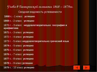 Учеба в Таганрогской гимназии 1868 – 1879гг. Сводная ведомость успеваемости 1...