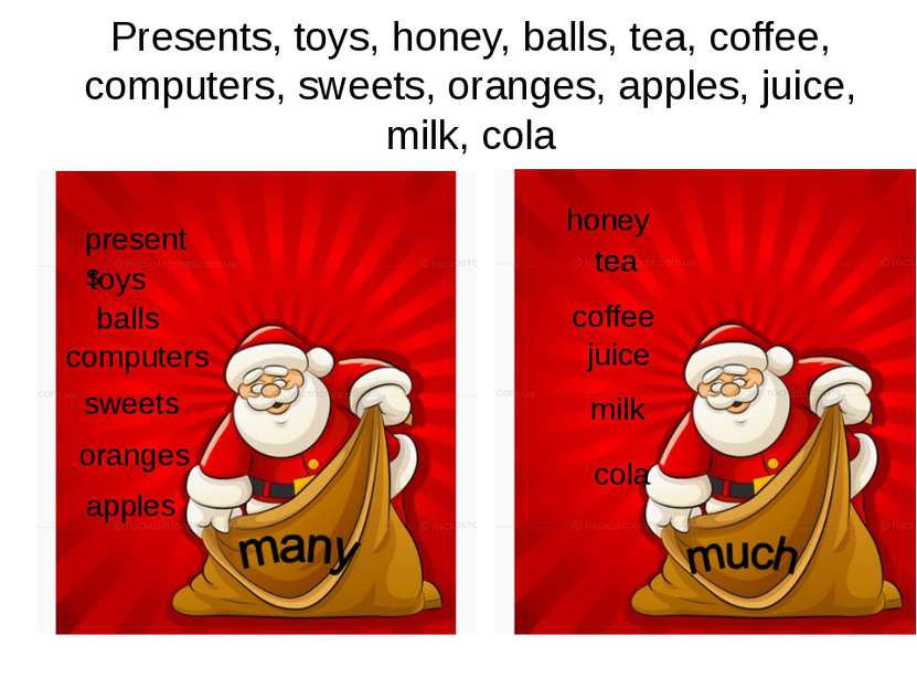Presents, toys, honey, balls, tea, coffee, computers, sweets, oranges, apples...