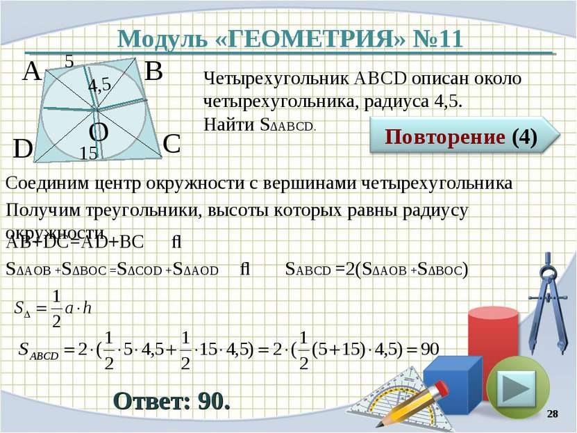 Модуль «ГЕОМЕТРИЯ» №11 Ответ: 90. Четырехугольник АВСD описан около четырехуг...