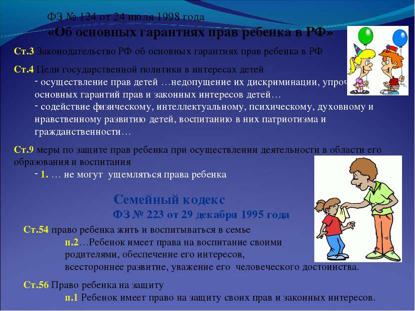ФЗ № 124 от 24 июля 1998 года «Об основных гарантиях прав ребенка в РФ» Ст.3 ...