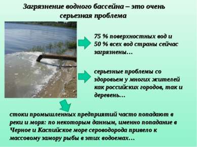 Загрязнение водного бассейна – это очень серьезная проблема 75 % поверхностны...