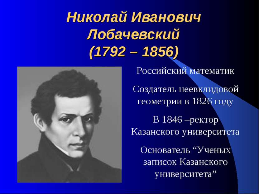 Николай Иванович Лобачевский (1792 – 1856) Российский математик Создатель нее...