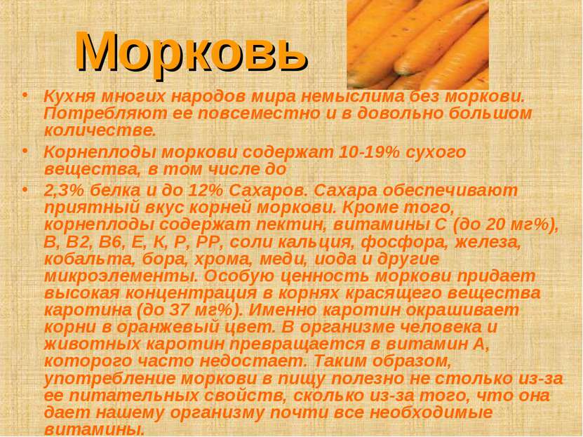 Морковь Кухня многих народов мира немыслима без моркови. Потребляют ее повсем...