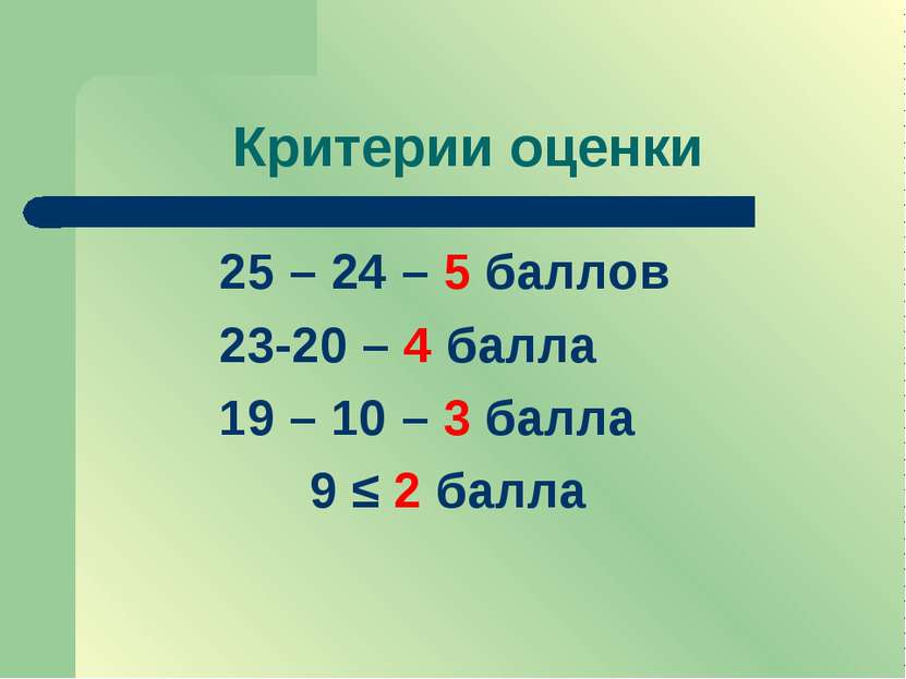 Критерии оценки 25 – 24 – 5 баллов 23-20 – 4 балла 19 – 10 – 3 балла 9 ≤ 2 балла