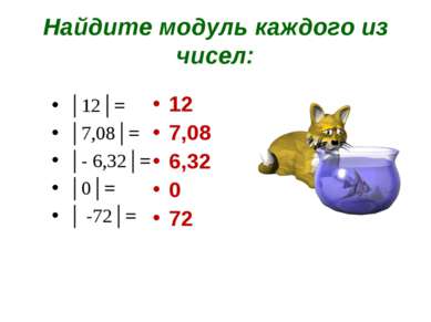 Найдите модуль каждого из чисел: │12│= │7,08│= │- 6,32│= │0│= │ -72│= 12 7,08...