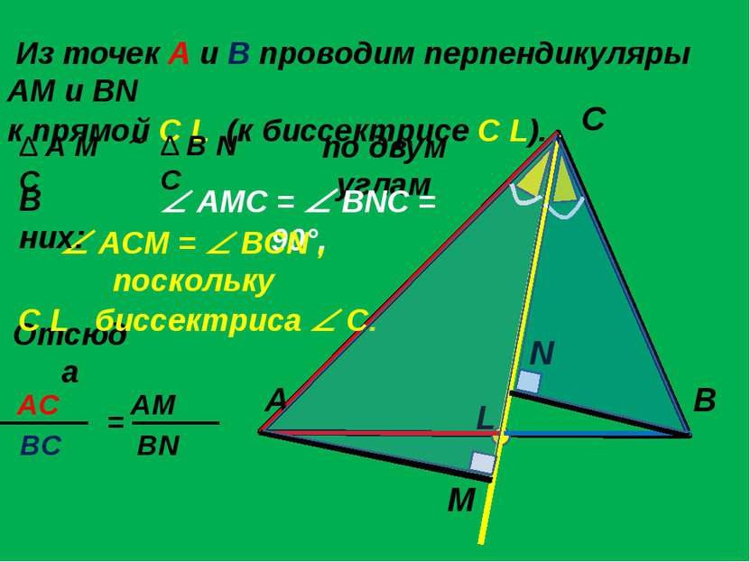 Из точек A и B проводим перпендикуляры AM и BN к прямой C L (к биссектрисе C ...